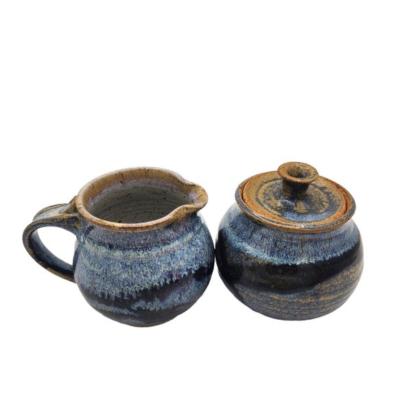 Hand Made Pottery Sugar with Lid and Creamer Set Blue Brown Rustic Clay Artisan - Picture 2 of 8